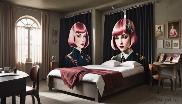 looking at viewer,short hair,multiple girls,hair ornament,2girls,brown eyes,sitting,pink hair,red hair,necktie,indoors,uniform,cup,military,window,bed,military uniform,makeup,chair,table,bob cut,lipstick,curtains,teacup,blanket,photo (object),tablecloth,1girl,solo,bangs,lips,pillow