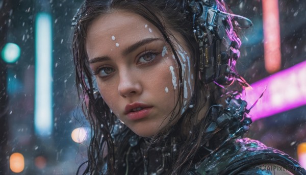 1girl, solo, long hair, looking at viewer, brown hair, brown eyes, parted lips, blurry, lips, wet, headphones, portrait, science fiction, rain, realistic, nose, wet hair, cyberpunk