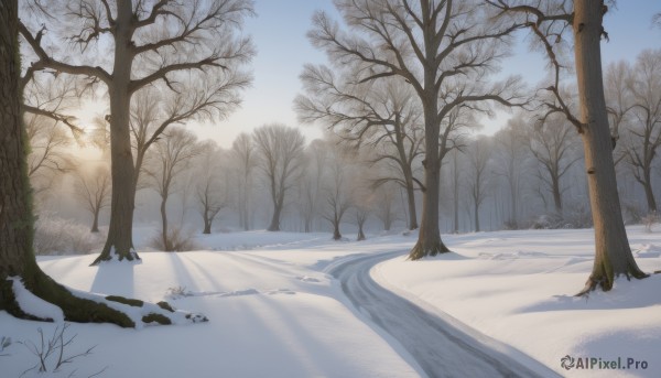 outdoors,sky,day,tree,no humans,shadow,sunlight,nature,scenery,snow,forest,sun,road,winter,bare tree,sunrise,footprints,blue sky,grass,mountain,realistic,landscape