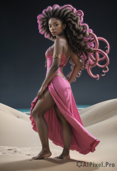 1girl,solo,long hair,breasts,looking at viewer,brown hair,black hair,dress,bare shoulders,brown eyes,jewelry,standing,full body,pink hair,ass,earrings,small breasts,barefoot,looking back,dark skin,nail polish,feet,dark-skinned female,lips,fingernails,hand on hip,strapless,toes,pink dress,black nails,strapless dress,armlet,side slit,toenails,curly hair,nose,sand,long dress,very dark skin,desert,dirty feet,medium breasts,multicolored hair,necklace,from behind,makeup,beach,realistic,dirty