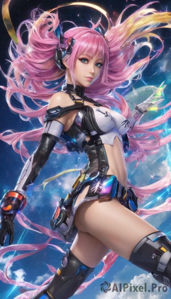 1girl,solo,long hair,breasts,looking at viewer,bangs,blue eyes,blonde hair,hair ornament,thighhighs,gloves,navel,bare shoulders,medium breasts,very long hair,pink hair,ass,multicolored hair,sky,black gloves,elbow gloves,midriff,black thighhighs,cloud,lips,gradient hair,floating hair,headgear,halo,science fiction,parted lips,from side,aqua eyes,clothing cutout,glowing,star (sky),space,planet,earth (planet)