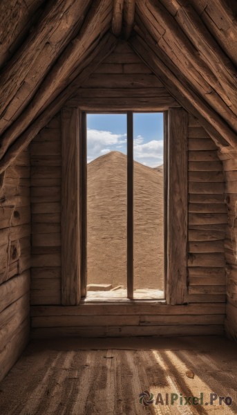 outdoors,sky,day,cloud,indoors,blue sky,no humans,window,shadow,sunlight,cloudy sky,scenery,wooden floor,mountain,door,wall,still life,wood