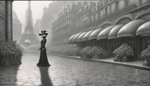 1girl,solo,breasts,looking at viewer,short hair,long sleeves,hat,dress,standing,monochrome,flower,greyscale,outdoors,water,from side,own hands together,plant,building,scenery,reflection,top hat,city,long dress,potted plant,wide shot,signature,witch hat,rain,pavement