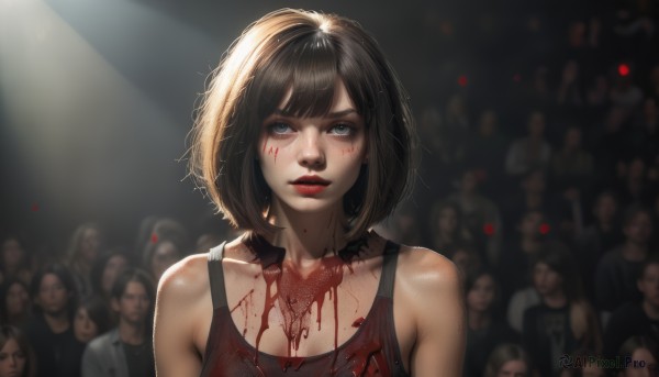 1girl,breasts,looking at viewer,short hair,bangs,blue eyes,brown hair,black hair,bare shoulders,collarbone,upper body,parted lips,multiple boys,teeth,solo focus,blurry,lips,torn clothes,blood,makeup,depth of field,blurry background,glowing,tank top,lipstick,glowing eyes,6+boys,injury,light rays,blood on face,realistic,nose,red lips,blood on clothes,zombie,crowd,solo,cleavage,sunlight