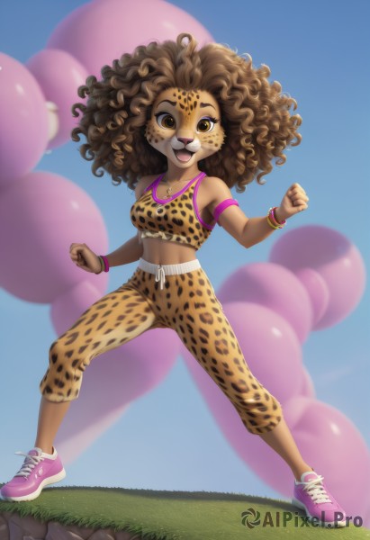 1girl,solo,long hair,breasts,looking at viewer,smile,open mouth,brown hair,navel,cleavage,brown eyes,jewelry,medium breasts,full body,outdoors,sky,shoes,day,midriff,pants,dark skin,necklace,bracelet,dark-skinned female,blue sky,grass,animal print,sneakers,furry,clenched hands,curly hair,sports bra,furry female,balloon,big hair,leopard print,afro,no humans,tank top,armband,armlet,freckles,tribal