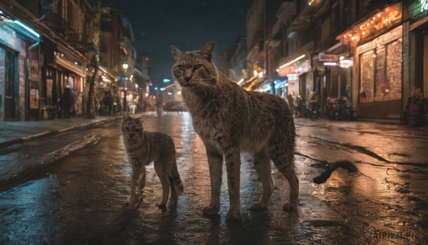 outdoors, sky, no humans, night, animal, cat, building, star (sky), night sky, scenery, starry sky, city, realistic, road, street, crosswalk, real world location, vanishing point