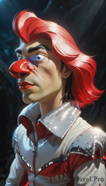 solo,short hair,blue eyes,black hair,1boy,jacket,upper body,male focus,red hair,multicolored hair,black eyes,two-tone hair,lips,blood,makeup,white jacket,thick eyebrows,looking up,lipstick,zipper,blood on face,realistic,nose,red lips,blood on clothes,clown,mohawk