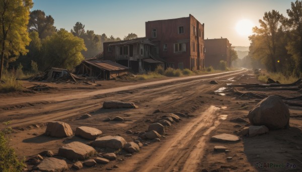 outdoors,sky,day,tree,blue sky,no humans,sunlight,grass,building,nature,scenery,forest,sunset,rock,road,bush,house,path,stone,window,sand,sun,ruins,desert