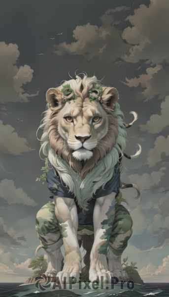 1girl,solo,long hair,shirt,1boy,brown eyes,sitting,tail,outdoors,green hair,sky,cloud,water,bird,ocean,animal,fangs,squatting,cloudy sky,plant,on head,animal on head,tiger,lion,looking at viewer,full body,yellow eyes,short sleeves,male focus,torn clothes,no humans,leaf,watermark,blue shirt,web address,claws,furry,rock