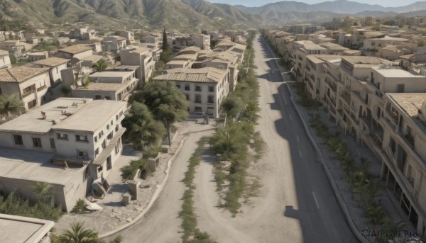 outdoors,sky,day,artist name,water,tree,no humans,window,shadow,watermark,from above,grass,plant,ground vehicle,building,scenery,motor vehicle,stairs,mountain,city,road,cityscape,house,bridge,street,river,boat,landscape,town,nature,bush,path