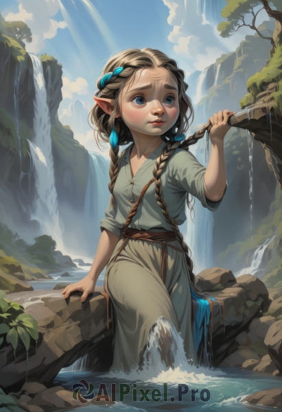 1girl,solo,long hair,breasts,blue eyes,blonde hair,brown hair,hair ornament,dress,holding,sitting,very long hair,braid,small breasts,outdoors,parted lips,sky,day,pointy ears,cloud,water,twin braids,tree,blue sky,lips,arm support,sunlight,elf,child,nature,rock,nose,female child,holding hair,soaking feet,waterfall,blush,twintails,closed mouth,collarbone,hand up,flat chest,wet,buttons,leaf,looking away,thick eyebrows,hair over shoulder,forehead,green dress,brown belt,sleeves past elbows,stream,multiple braids