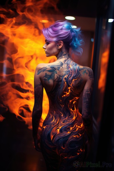 1girl,solo,short hair,jewelry,blue hair,standing,ponytail,purple hair,ass,nude,cowboy shot,earrings,looking back,from behind,blurry,tattoo,profile,back,piercing,fire,ear piercing,smoke,nose,arm tattoo,back tattoo,nose piercing,full-body tattoo,closed eyes,glowing,stud earrings