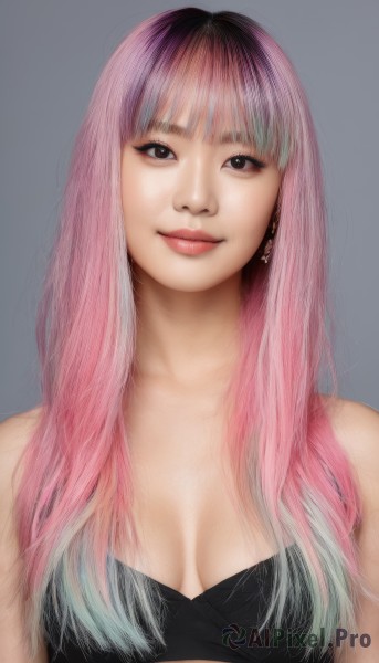 1girl,solo,long hair,breasts,looking at viewer,smile,bangs,simple background,cleavage,bare shoulders,brown eyes,jewelry,medium breasts,closed mouth,underwear,swimsuit,upper body,pink hair,bikini,multicolored hair,earrings,grey background,bra,black eyes,two-tone hair,lips,head tilt,gradient hair,makeup,black bra,realistic,lipstick