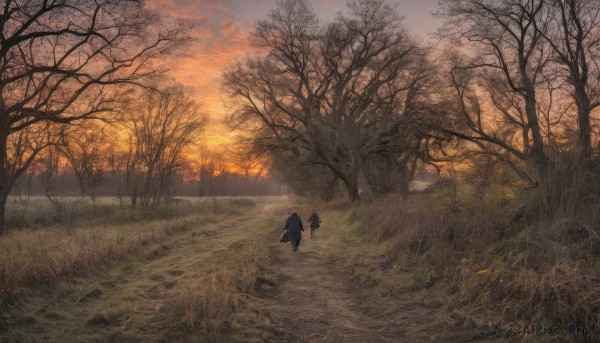 1girl,solo,outdoors,sky,cloud,from behind,tree,no humans,animal,cat,cloudy sky,grass,nature,scenery,forest,sunset,wide shot,bare tree,multiple girls,black hair,1boy,2girls,walking,silhouette,field,orange sky