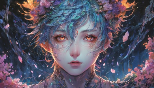 1girl,solo,looking at viewer,short hair,bangs,hair ornament,hair between eyes,closed mouth,blue hair,flower,hair flower,lips,orange eyes,petals,eyelashes,makeup,facial mark,cherry blossoms,portrait,close-up,pink flower,freckles,nose,red lips,straight-on,parted lips,water,floating hair,androgynous,pink lips,branch,scales,mascara