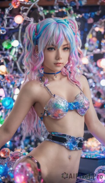 1girl,solo,long hair,breasts,looking at viewer,bangs,blue eyes,navel,twintails,jewelry,underwear,blue hair,panties,swimsuit,pink hair,bikini,multicolored hair,small breasts,parted lips,choker,belt,bra,blurry,two-tone hair,lips,grey eyes,blurry background,piercing,underwear only,lingerie,christmas,realistic,navel piercing,christmas tree,christmas ornaments,christmas lights,earrings,artist name,signature,necklace,streaked hair,watermark,web address