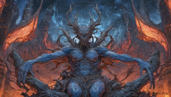 solo,looking at viewer,smile,red eyes,1boy,sitting,weapon,male focus,outdoors,wings,horns,sky,teeth,sword,cloud,fingernails,glowing,colored skin,cloudy sky,fire,sharp teeth,glowing eyes,monster,fantasy,blue skin,antlers,giant,lightning,demon,no humans,1other,extra arms,extra eyes