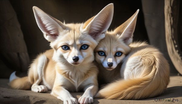 HQ,looking at viewer,blue eyes,closed mouth,lying,signature,blurry,no humans,animal,cat,on stomach,dog,realistic,animal focus,white fur,fox,tail,animal ear fluff,blurry background