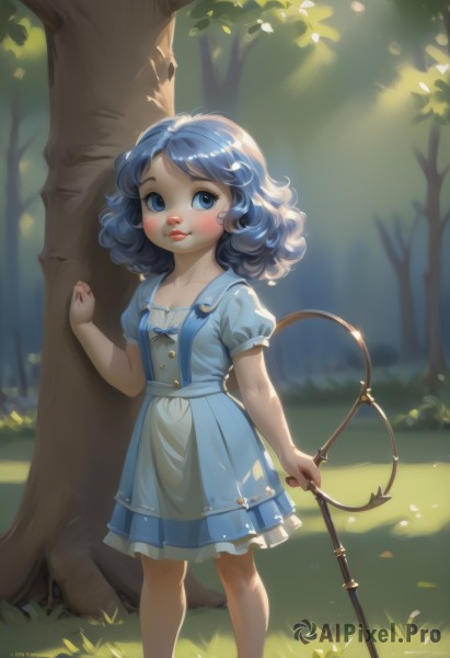 1girl,solo,looking at viewer,blush,smile,short hair,blue eyes,dress,holding,blue hair,standing,short sleeves,outdoors,barefoot,day,puffy sleeves,tree,puffy short sleeves,lips,blue dress,sunlight,grass,aged down,child,nature,forest,curly hair,female child,dappled sunlight,breasts,bangs,bow,closed mouth,collarbone,frills,artist name,hand up,apron,looking to the side,watermark,frilled dress,web address