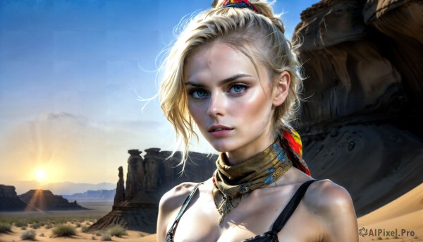 HQ,1girl,solo,breasts,looking at viewer,short hair,blue eyes,blonde hair,hair ornament,bare shoulders,jewelry,collarbone,upper body,ponytail,outdoors,parted lips,sky,day,necklace,scarf,bra,blue sky,lips,sunlight,portrait,rock,mountain,realistic,nose,sun,dirty,sunrise,desert,cleavage,medium breasts,teeth