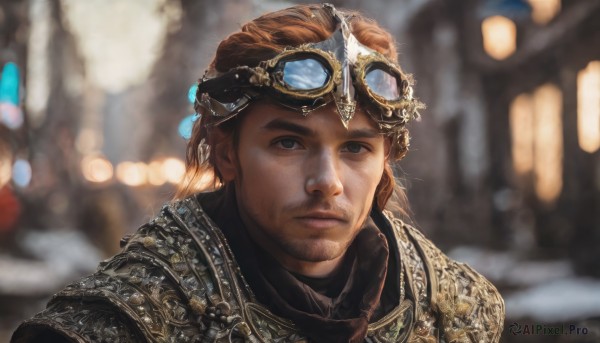 solo,looking at viewer,brown hair,1boy,brown eyes,closed mouth,upper body,male focus,outdoors,armor,blurry,black eyes,lips,depth of field,blurry background,facial hair,goggles,shoulder armor,portrait,beard,goggles on head,pauldrons,realistic,stubble,chainmail,fantasy