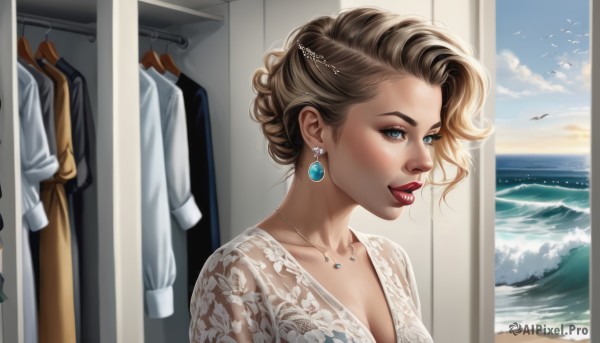 1girl,solo,breasts,looking at viewer,smile,short hair,blue eyes,blonde hair,brown hair,shirt,hair ornament,dress,cleavage,jewelry,medium breasts,collarbone,white shirt,upper body,earrings,parted lips,sky,day,cloud,indoors,water,necklace,white dress,lips,eyelashes,window,makeup,bird,ocean,beach,lipstick,gem,realistic,nose,red lips,waves,mascara,clothes hanger