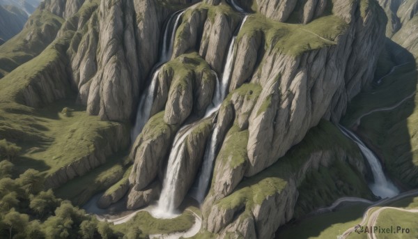 A waterfall surrounded by a serene day