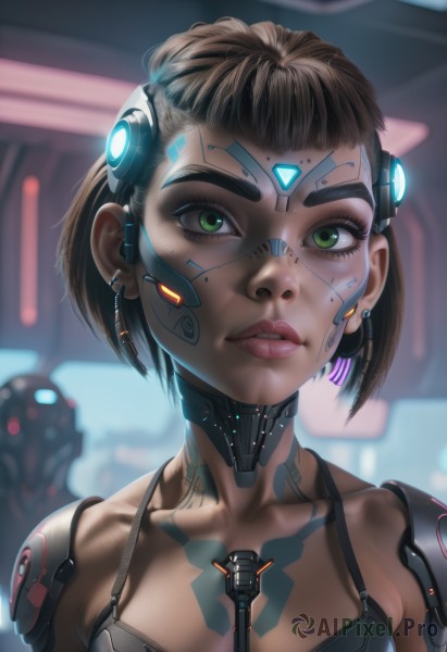 1girl,solo,breasts,looking at viewer,short hair,brown hair,cleavage,jewelry,green eyes,collarbone,upper body,earrings,small breasts,parted lips,teeth,dark skin,blurry,dark-skinned female,lips,eyelashes,tattoo,makeup,blurry background,headgear,robot,portrait,science fiction,nose,android,joints,cyborg,robot joints,mascara,cyberpunk,mechanical parts,medium breasts,solo focus,glowing,facial mark,lipstick,close-up,forehead,eyeshadow,backlighting,realistic,eyeliner,facepaint