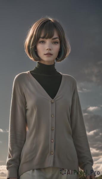 1girl,solo,looking at viewer,short hair,bangs,skirt,brown hair,black hair,long sleeves,brown eyes,standing,jacket,cowboy shot,outdoors,parted lips,sky,cloud,sweater,lips,buttons,turtleneck,bob cut,cloudy sky,realistic,nose,arms at sides,black sweater,teeth,pants,thick eyebrows,cardigan,backlighting