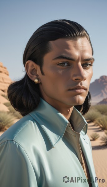 solo,looking at viewer,shirt,black hair,1boy,brown eyes,jewelry,closed mouth,white shirt,upper body,male focus,earrings,outdoors,sky,day,collared shirt,dark skin,medium hair,hair bun,mole,blurry,blue sky,lips,blurry background,freckles,realistic,nose,desert,1girl,jacket,dark-skinned female,scar,portrait