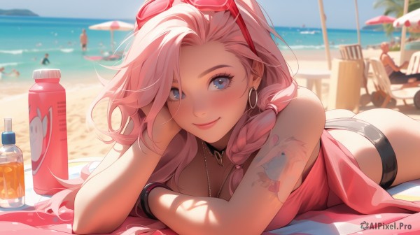 1girl,long hair,breasts,looking at viewer,blush,smile,bangs,blue eyes,multiple girls,large breasts,cleavage,bare shoulders,jewelry,closed mouth,swimsuit,pink hair,ass,braid,white hair,heart,bikini,earrings,outdoors,lying,multiple boys,sky,solo focus,choker,day,water,necklace,blurry,bracelet,cup,blue sky,lips,bare arms,single braid,tattoo,makeup,depth of field,blurry background,black bikini,ocean,umbrella,chair,beach,sandals,sunglasses,bottle,on stomach,towel,wristband,hair over shoulder,eyewear on head,head rest,hoop earrings,pink lips,sand,shade,arm tattoo,shoulder tattoo,water bottle,heart earrings,beach umbrella,mascara,heart tattoo,lounge chair,shirt,medium breasts,black choker,bikini bottom only