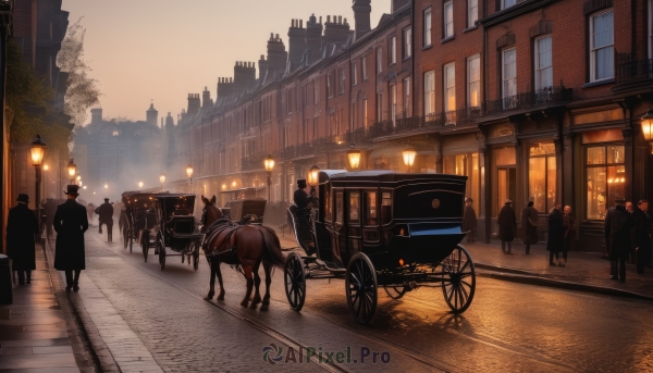 outdoors,multiple boys,sky,solo focus,tree,no humans,window,night,ground vehicle,building,scenery,motor vehicle,6+boys,sunset,city,car,road,riding,lamppost,horse,street,bicycle,evening,crowd,people,multiple girls,hat,signature,6+girls,silhouette,twilight,dusk,horseback riding,pavement,wheelchair