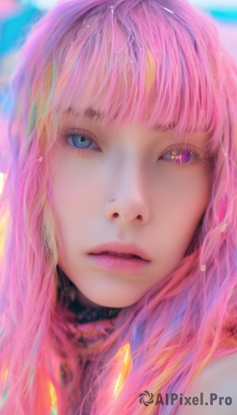 1girl,solo,long hair,looking at viewer,bangs,blue eyes,purple eyes,pink hair,multicolored hair,parted lips,blurry,lips,eyelashes,makeup,heterochromia,portrait,close-up,pink lips,multicolored eyes,realistic,nose,blunt bangs,pink eyes,gradient hair,blurry background