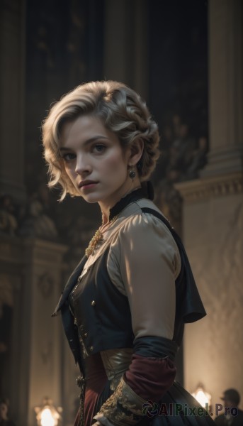 1girl,solo,breasts,looking at viewer,short hair,blonde hair,long sleeves,dress,bare shoulders,brown eyes,jewelry,closed mouth,upper body,braid,earrings,sleeveless,solo focus,indoors,necklace,blurry,vest,from side,lips,looking to the side,grey eyes,depth of field,blurry background,realistic,nose,red lips,candle,blue eyes