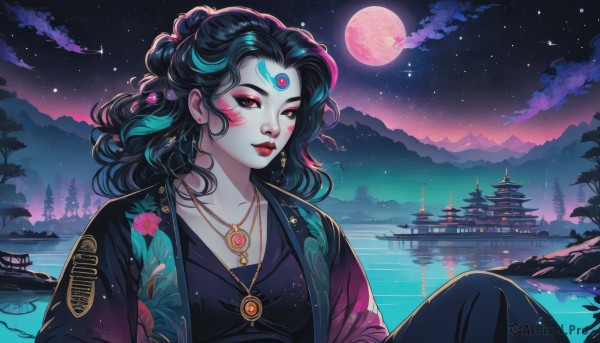 1girl,solo,long hair,breasts,looking at viewer,smile,black hair,hair ornament,red eyes,jewelry,sitting,collarbone,jacket,multicolored hair,earrings,outdoors,sky,cloud,water,necklace,tree,lips,makeup,night,colored skin,facial mark,moon,lipstick,gem,third eye,pale skin,star (sky),night sky,full moon,pendant,eyeshadow,starry sky,mountain,forehead mark,red lips,architecture,forehead jewel,east asian architecture,lake,red moon,dress,upper body,artist name,black dress,wavy hair,floral print,building