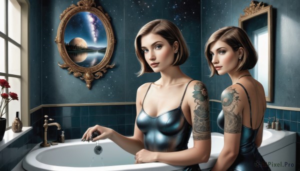 1girl,solo,breasts,looking at viewer,short hair,blue eyes,brown hair,cleavage,bare shoulders,jewelry,medium breasts,upper body,flower,earrings,indoors,lips,window,tattoo,makeup,rose,star (sky),camisole,reflection,mirror,spaghetti strap,arm tattoo,shoulder tattoo,bathroom,bathtub,sink,back tattoo,faucet,different reflection,looking at mirror,dress,brown eyes,nail polish,black dress,multiple views,night,red flower,black nails,red rose,flower tattoo