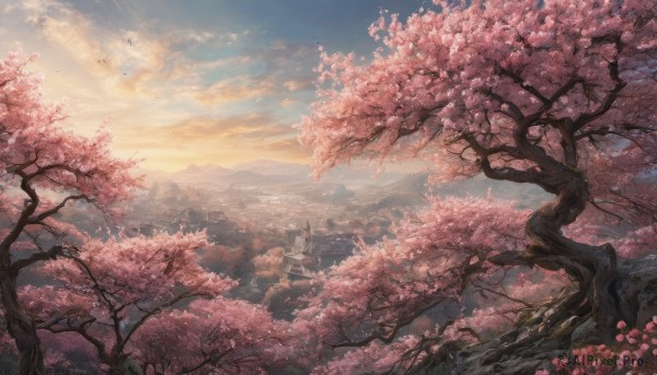 flower, outdoors, sky, cloud, tree, no humans, bird, cherry blossoms, building, scenery, pink flower, sunset, mountain, branch, landscape