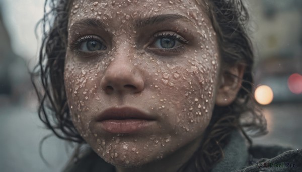 1girl,solo,looking at viewer,blue eyes,brown hair,black hair,closed mouth,water,blurry,lips,wet,grey eyes,depth of field,blurry background,watermark,portrait,close-up,realistic,nose,parted lips,eyelashes,freckles