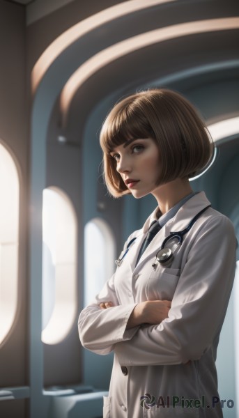 1girl,solo,looking at viewer,short hair,bangs,blue eyes,brown hair,shirt,long sleeves,brown eyes,closed mouth,standing,white shirt,upper body,necktie,collared shirt,artist name,indoors,blunt bangs,blurry,lips,coat,blurry background,crossed arms,bob cut,black necktie,pocket,nose,labcoat,white coat,stethoscope,doctor,buttons,watermark,realistic