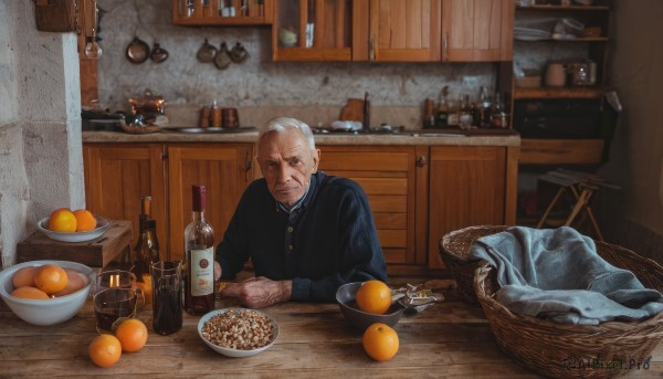 solo,looking at viewer,shirt,long sleeves,1boy,sitting,upper body,white hair,grey hair,male focus,food,indoors,cup,fruit,facial hair,scar,table,bottle,blue shirt,beard,alcohol,bowl,realistic,basket,old,old man,orange (fruit),kitchen,wine bottle,mandarin orange,jar,counter,cabinet,wrinkled skin,black eyes,knife,steam,plate,drinking glass,chopsticks,spoon,bald,old woman,stove,tongs