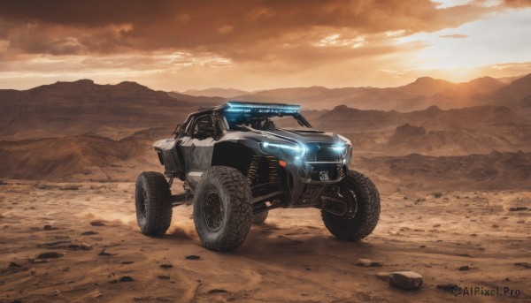 outdoors,sky,cloud,no humans,glowing,cloudy sky,ground vehicle,scenery,motor vehicle,science fiction,sunset,mountain,realistic,car,road,vehicle focus,motorcycle,desert,dust,wheel,rock,landscape,mountainous horizon,tire