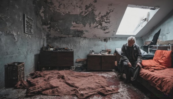 solo,short hair,shirt,long sleeves,1boy,sitting,jacket,weapon,white hair,male focus,pants,indoors,hood,gun,pillow,window,bed,facial hair,on bed,chair,black pants,table,scenery,lamp,wide shot,cracked wall,closed mouth,sword,dark skin,black shirt,blood,dark-skinned male,drawer