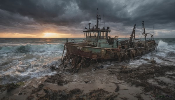 outdoors,sky,cloud,water,military,no humans,ocean,beach,cloudy sky,scenery,sunset,turret,sun,horizon,cannon,military vehicle,anchor,watercraft,vehicle focus,ship,waves,smokestack,shore,world war ii,sunburst,warship