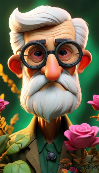 solo,looking at viewer,shirt,1boy,jacket,upper body,flower,white hair,male focus,glasses,collared shirt,artist name,rose,facial hair,leaf,portrait,beard,pink flower,green background,black-framed eyewear,round eyewear,green shirt,mustache,old,pink rose,old man,red eyes,necktie,blurry,formal,realistic