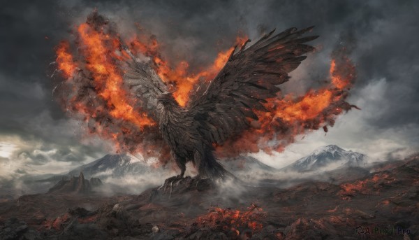 outdoors, wings, sky, cloud, no humans, cloudy sky, fire, scenery, monster, mountain