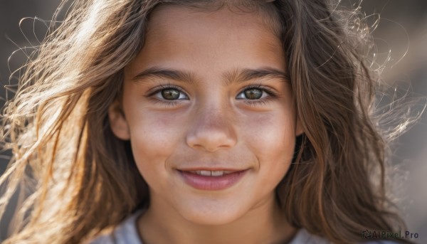 1girl,solo,long hair,looking at viewer,smile,open mouth,brown hair,shirt,brown eyes,white shirt,parted lips,teeth,blurry,lips,depth of field,blurry background,messy hair,portrait,freckles,realistic,nose,eyelashes,wind,close-up