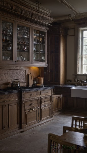 day,indoors,cup,no humans,window,chair,table,sunlight,bottle,scenery,wooden floor,door,lamp,stool,shelf,candlestand,cabinet,chandelier,candle,kitchen,sink,ceiling light,stove