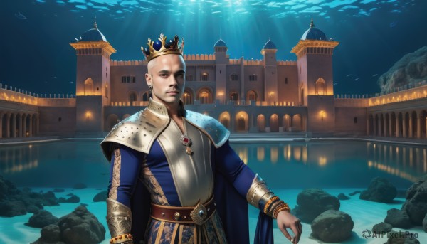 solo,looking at viewer,long sleeves,1boy,brown eyes,jewelry,standing,male focus,earrings,outdoors,belt,water,necklace,cape,armor,bracelet,facial hair,sunlight,crown,shoulder armor,building,gem,scenery,fish,pauldrons,light rays,rock,underwater,fantasy,bald,architecture,sunbeam,blue cape,castle,blonde hair