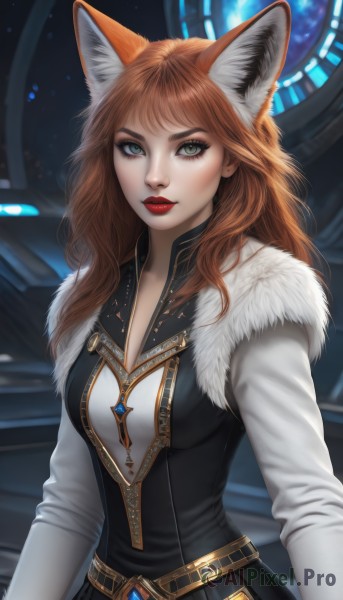 1girl,solo,long hair,breasts,looking at viewer,smile,brown hair,long sleeves,dress,animal ears,cleavage,jewelry,medium breasts,green eyes,upper body,belt,necklace,orange hair,lips,animal ear fluff,fur trim,fox ears,makeup,lipstick,gem,freckles,red lips,bangs,closed mouth,red hair,artist name,eyelashes,fox girl,realistic