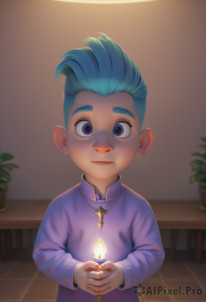 solo,looking at viewer,smile,short hair,blue eyes,long sleeves,1boy,holding,jewelry,closed mouth,blue hair,purple eyes,upper body,male focus,indoors,necklace,blurry,own hands together,fire,plant,child,potted plant,candle,male child,1girl,artist name,blurry background,table,robe,flame,floor,candlestand,candlelight